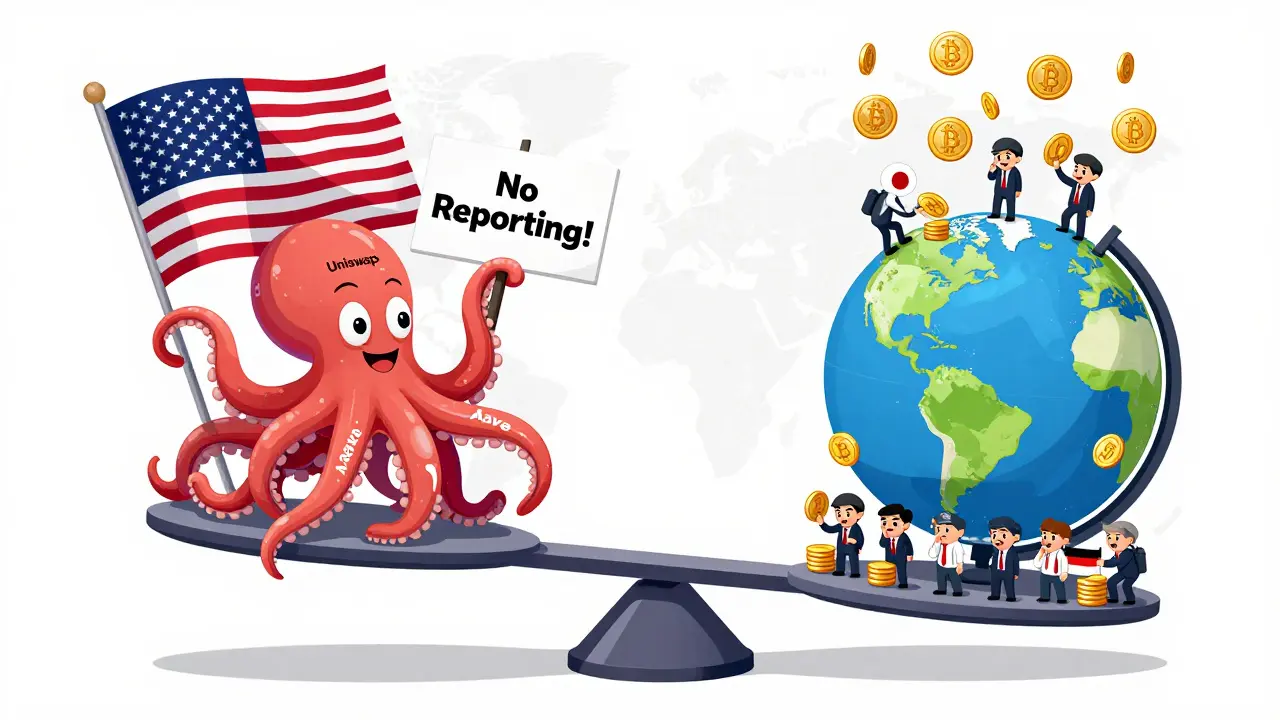 A giant scale balancing U.S. crypto freedom against global tax reporting, with DeFi octopus and tax agents from multiple countries.