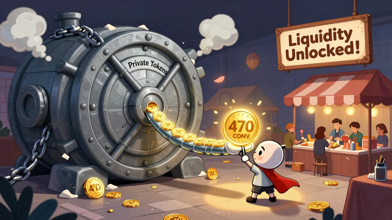 A hero uses a token bridge to unlock private assets from a vault into a lively DeFi marketplace.