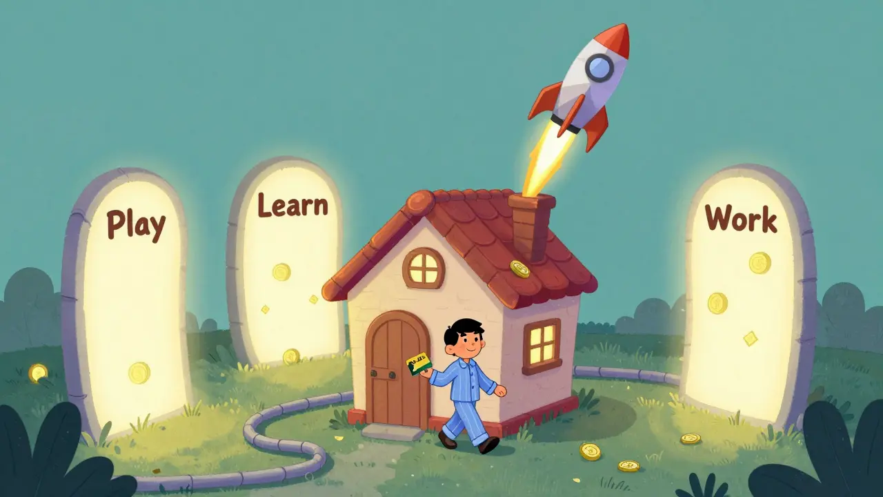 A house emitting SALD tokens from its chimney, with three glowing portals for Play, Learn, and Work nearby.