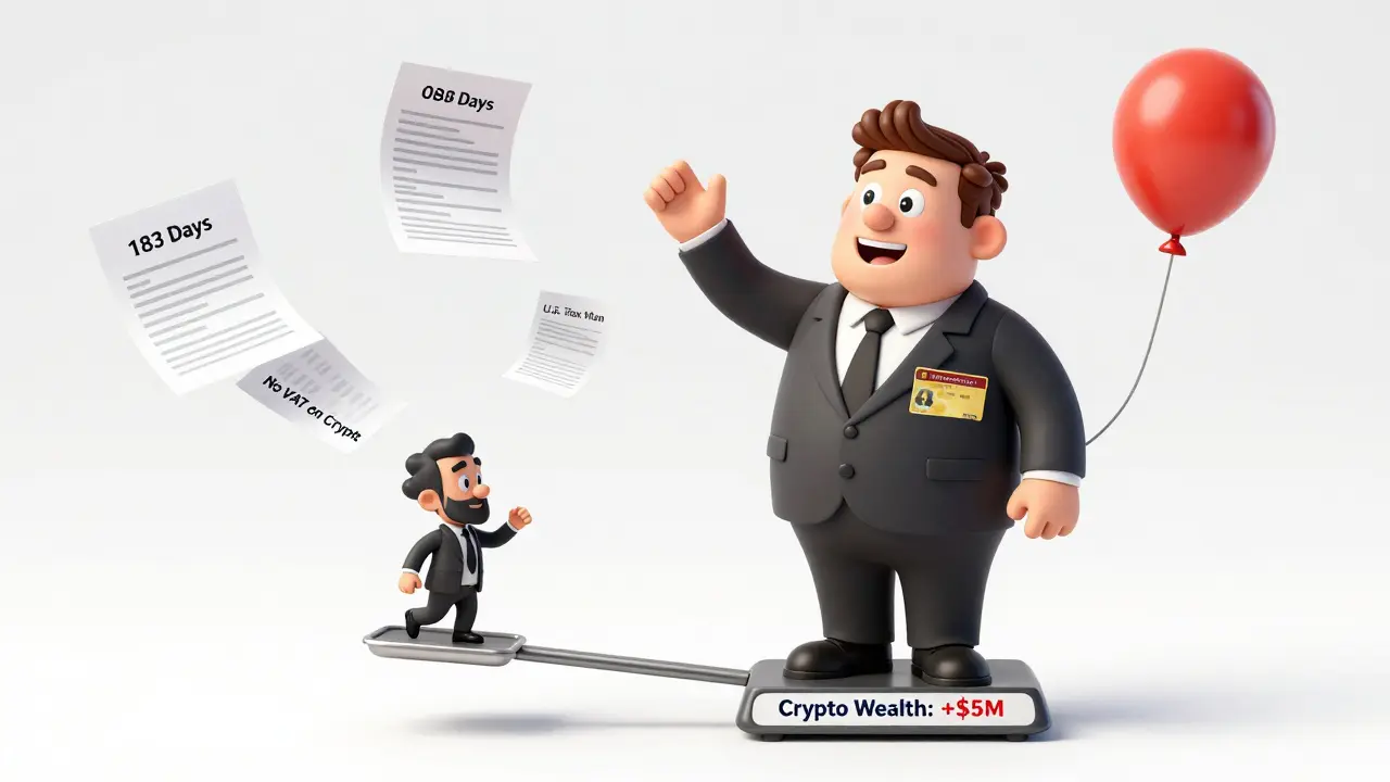 A man with a golden visa stands on a scale weighing crypto wealth, while a tiny U.S. tax man floats away on a balloon.