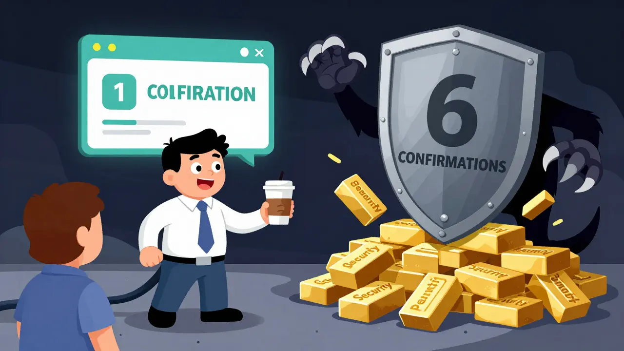 A merchant serves coffee as a 6-confirmation shield crushes a double-spend monster.