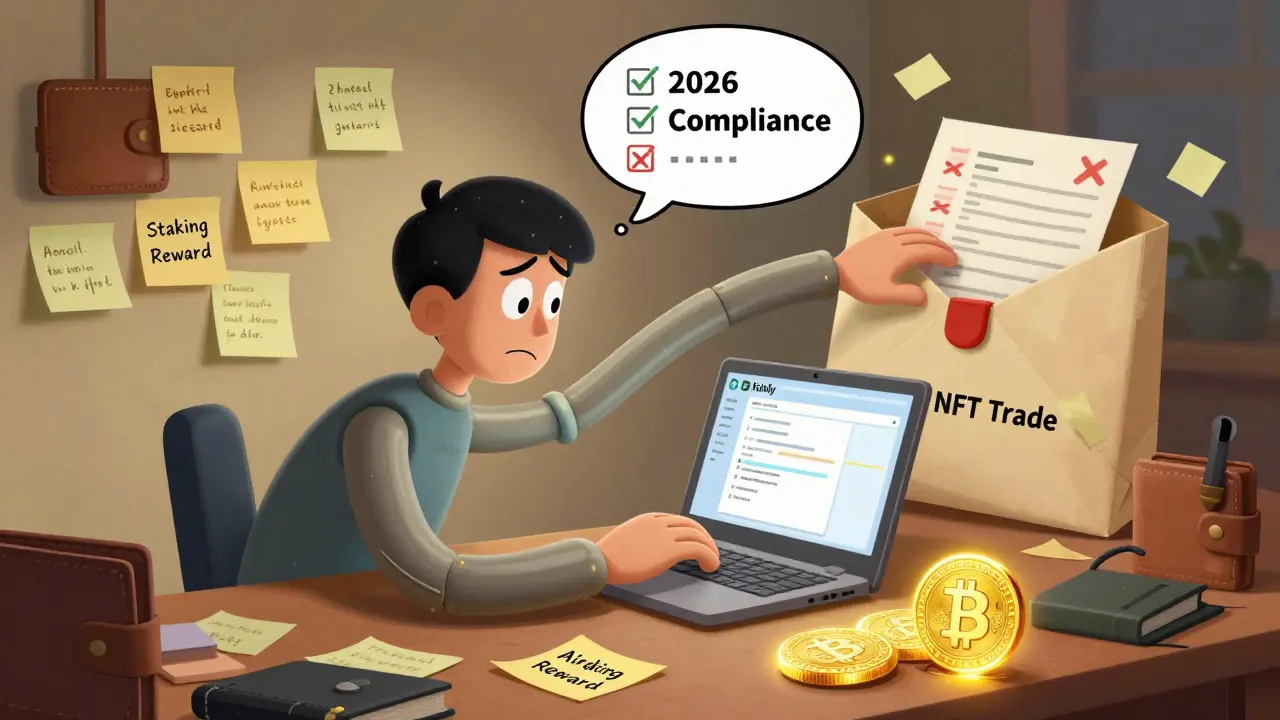 A person surrounded by crypto tokens and tax paperwork, using stretchy arms to manage compliance on a laptop with Koinly open.