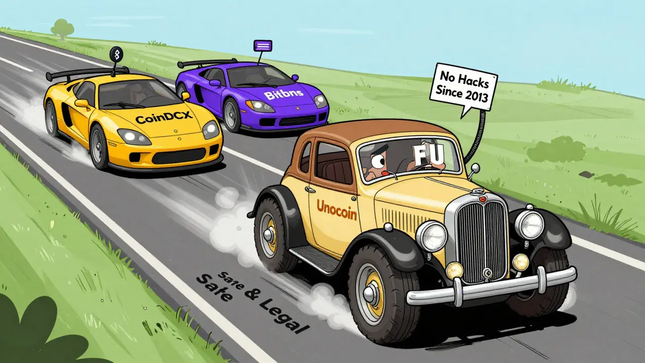 A retro car labeled Unocoin driving past faster competitors on a road, all in 1930s rubber hose animation style.