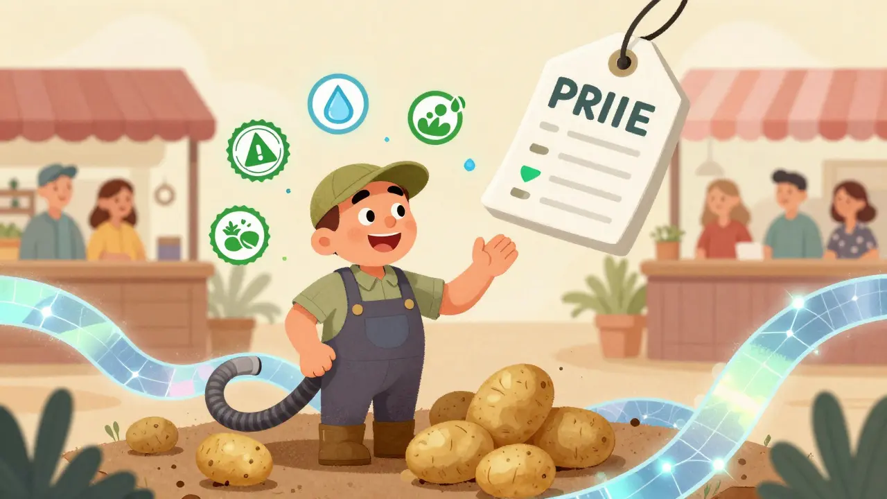 A small farmer watches price tags rise as blockchain verifies his sustainable practices, with happy customers nearby.