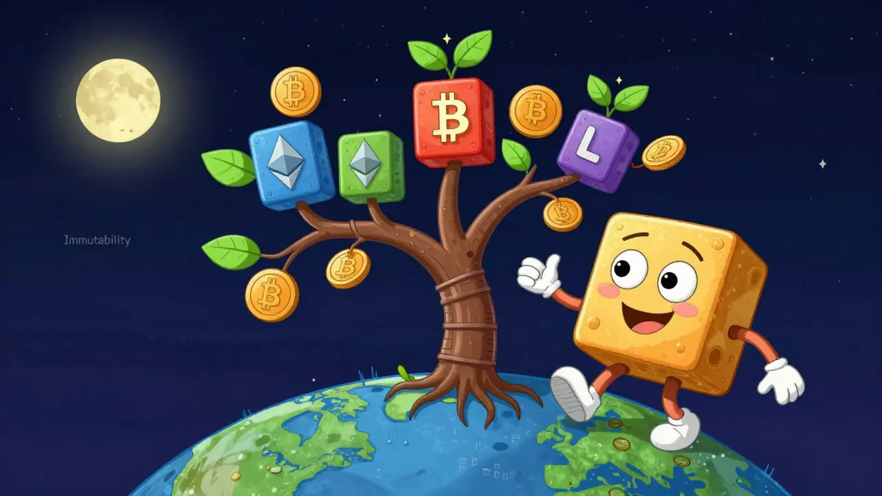 A smiling genesis block grows into a cosmic blockchain tree with branches for different cryptocurrencies.