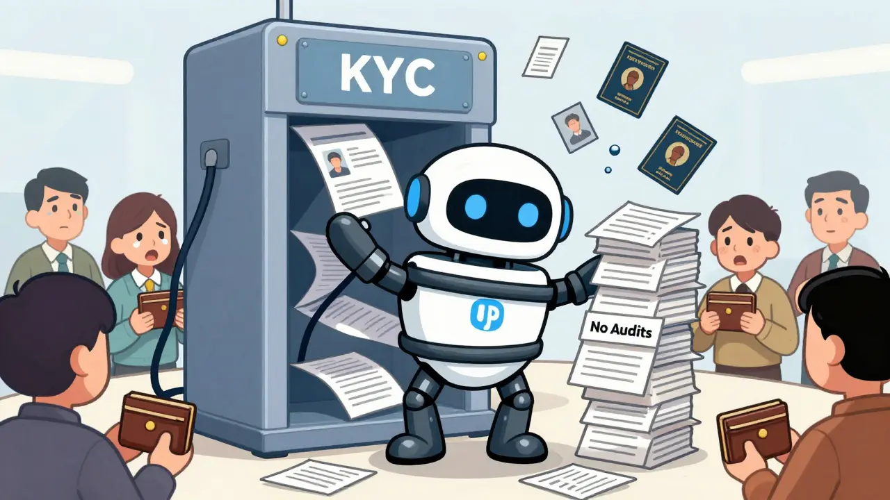 A stretchy Upbit robot struggling as a machine spits out blurry IDs and fake passports.