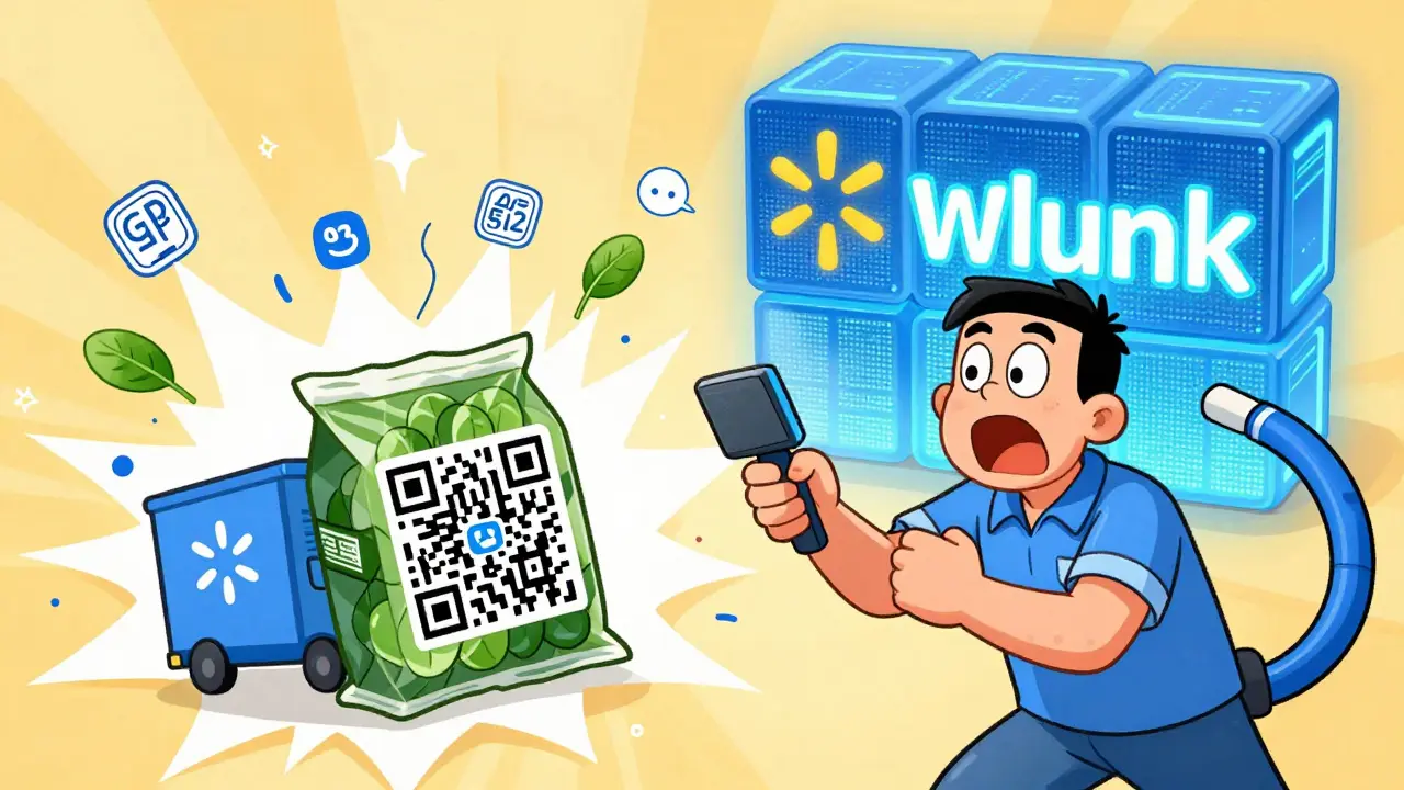 A Walmart worker scans a QR code, triggering animated data streams that lock into a blockchain chain with a clunk.