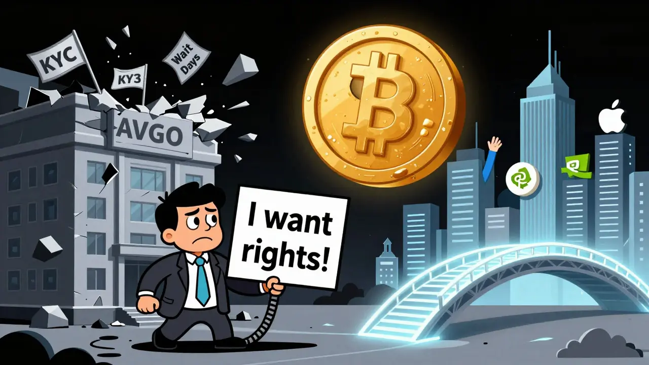 A worried investor watches as a smug AVGOon token replaces a crumbling brokerage, with other token skyscrapers rising in the distance.