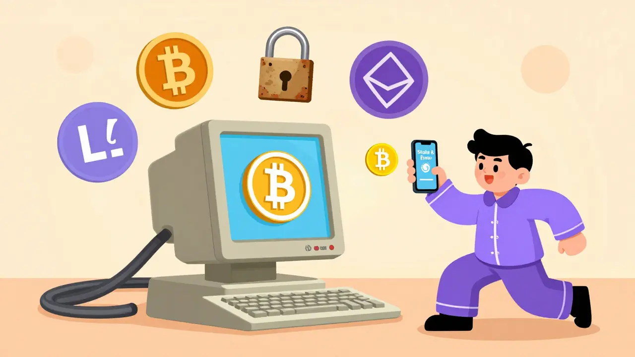 An old computer with Unocoin interface and a user shaking their phone for Bitcoin rewards in vintage cartoon style.