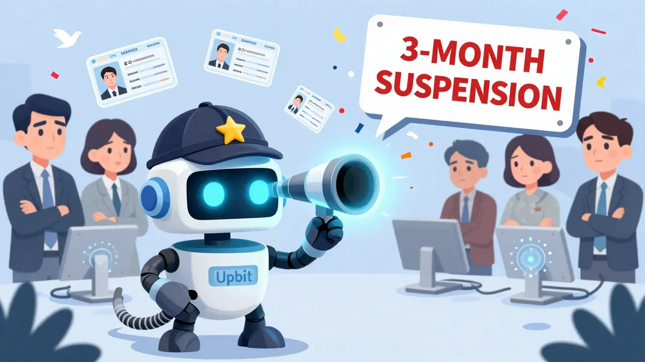 An upgraded Upbit robot using AI to verify identities while old suspension signs break apart.