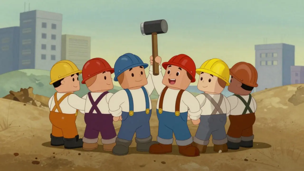 Animated characters building a chain together symbolizing network staking and security.