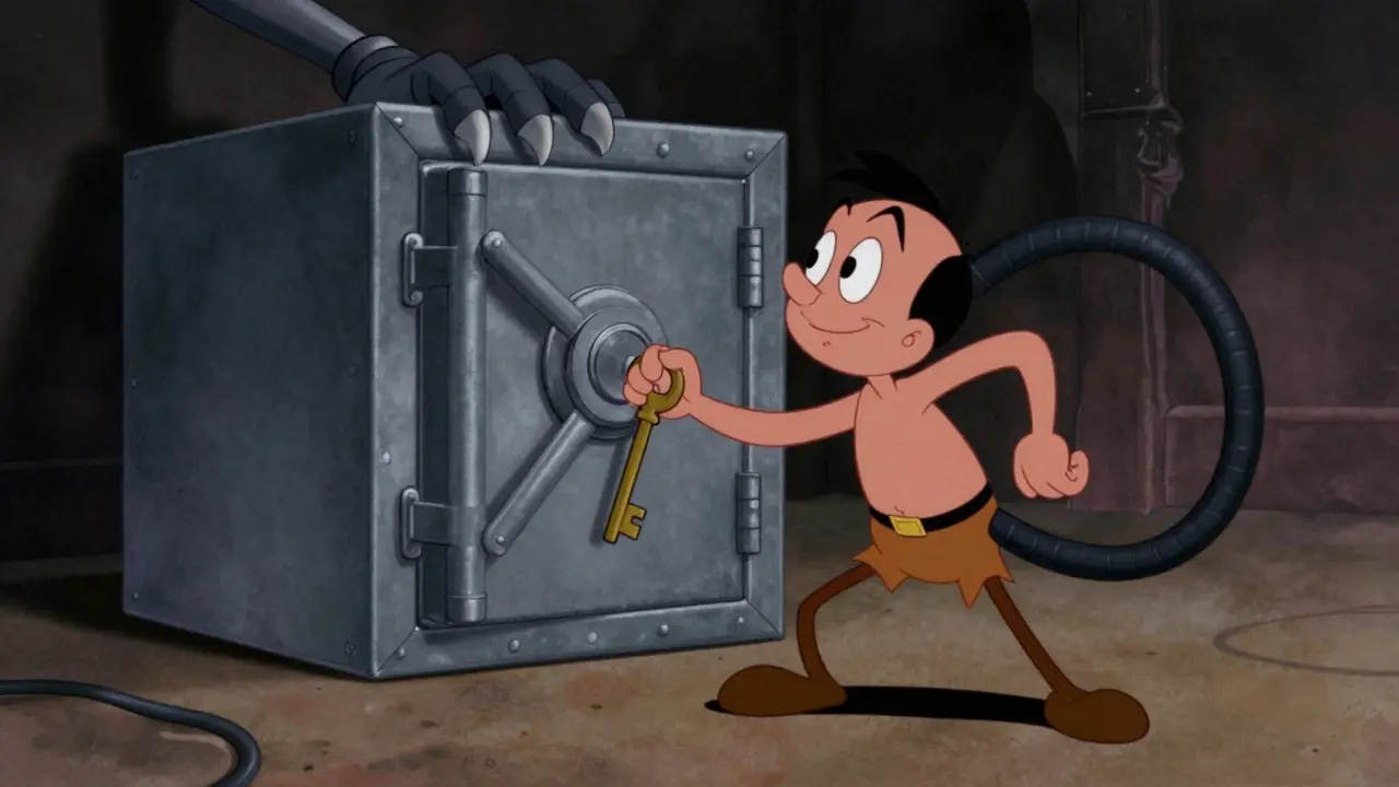 Animated figure guarding a safe from a shadowy threat.