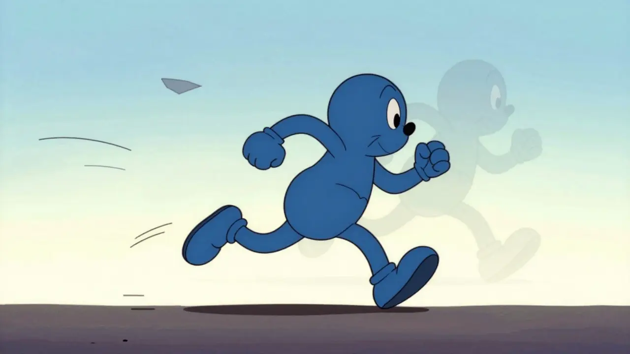 Blue cartoon runner moving forward while a ghost trail follows behind in animation.