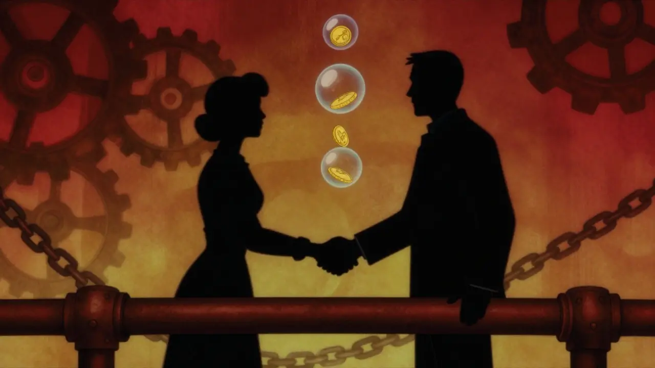 Cartoon figures shaking hands over coin-filled pipe bridge