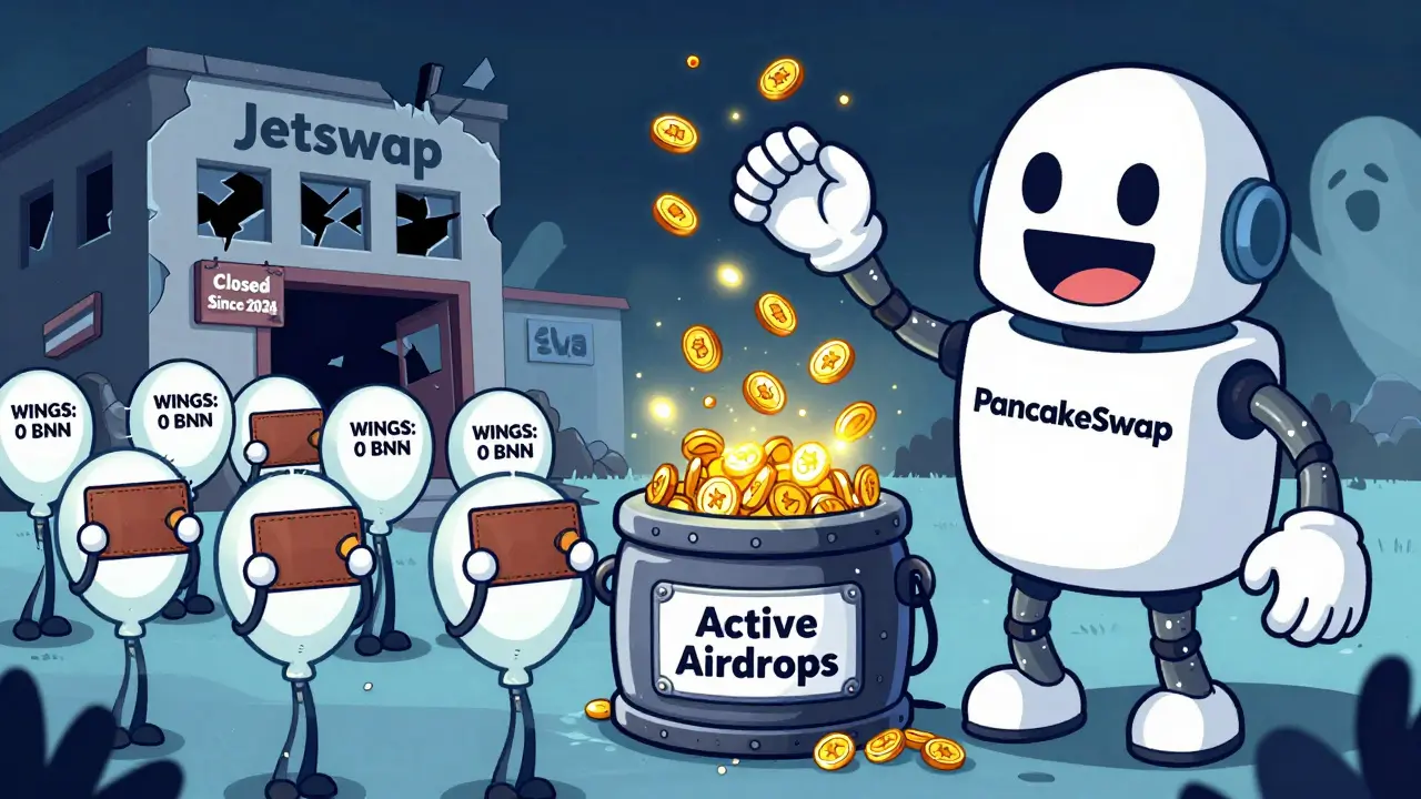 Cartoon users hold empty wallets as a giant PancakeSwap robot tosses tokens into a vault, while Jetswap's building crumbles behind them.