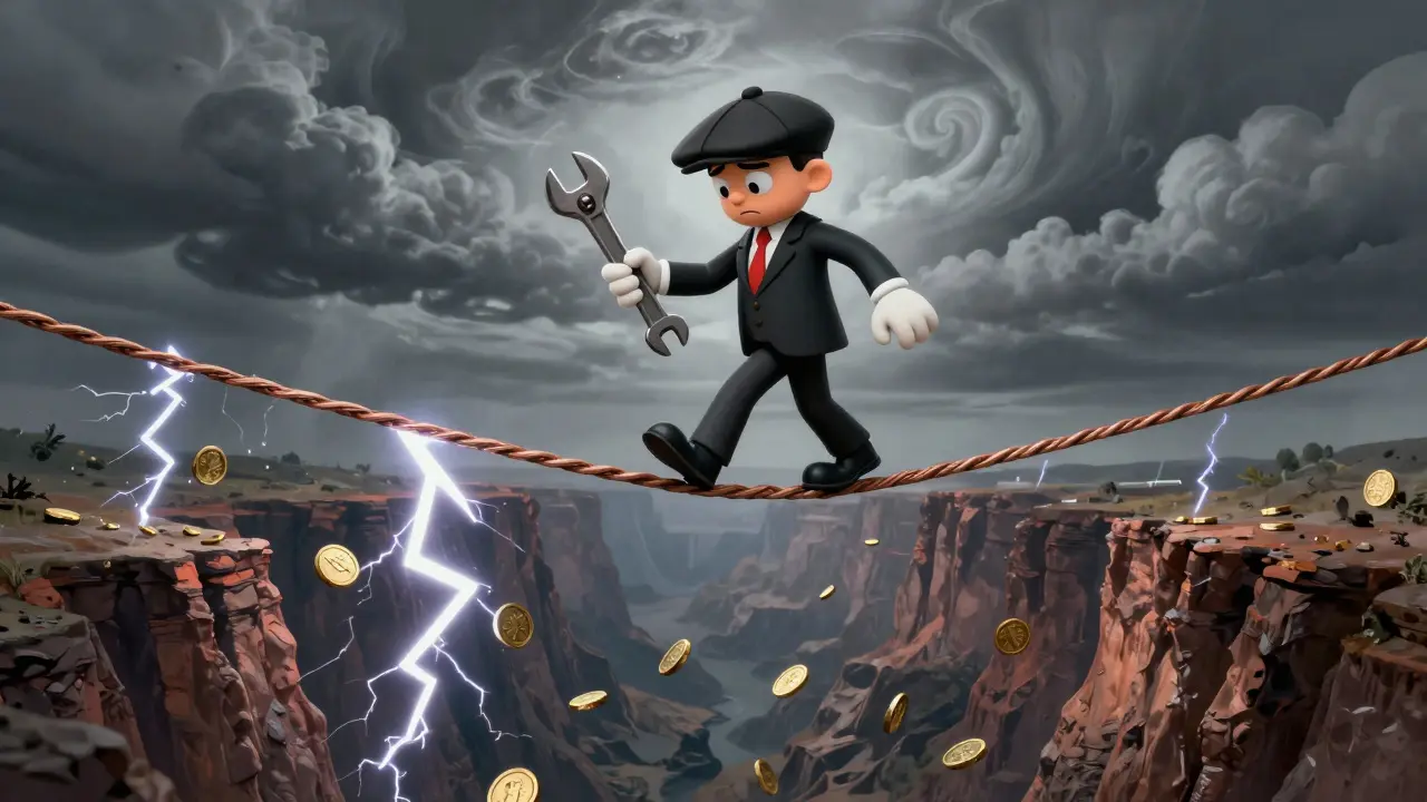 Cartoony broker balancing on wire above dangerous abyss