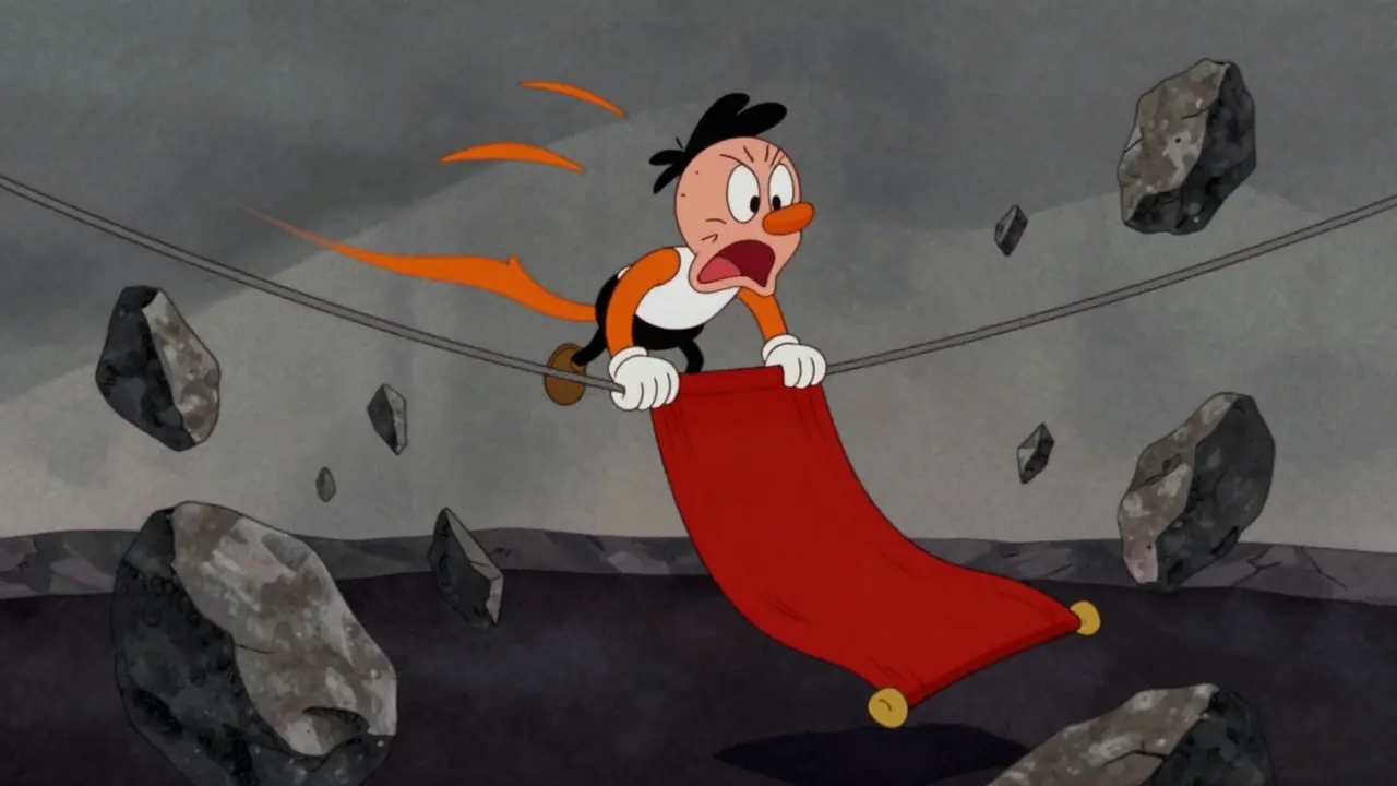 Character on tightrope with slipping rug illustrating risk