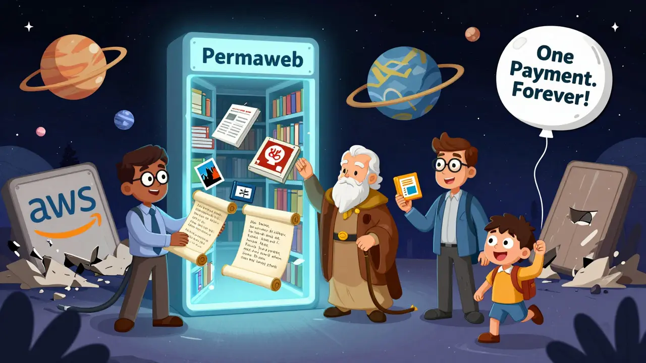 Diverse people uploading memories into a glowing Permaweb portal floating in space.