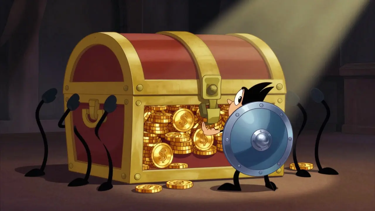 Guardian standing before a coin vault blocking tricksters.