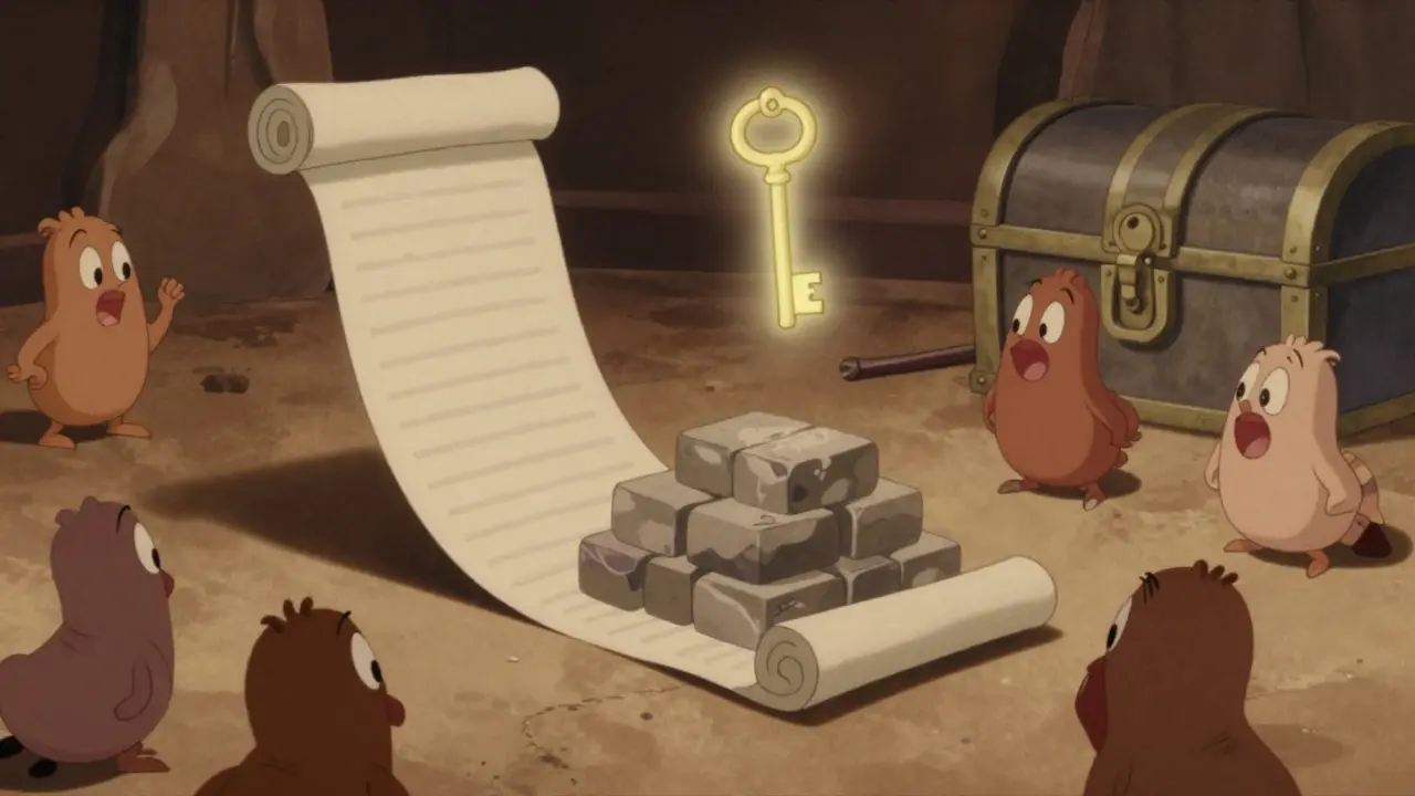 Paper scroll turning into stone bricks watched by stretchy cartoon characters.