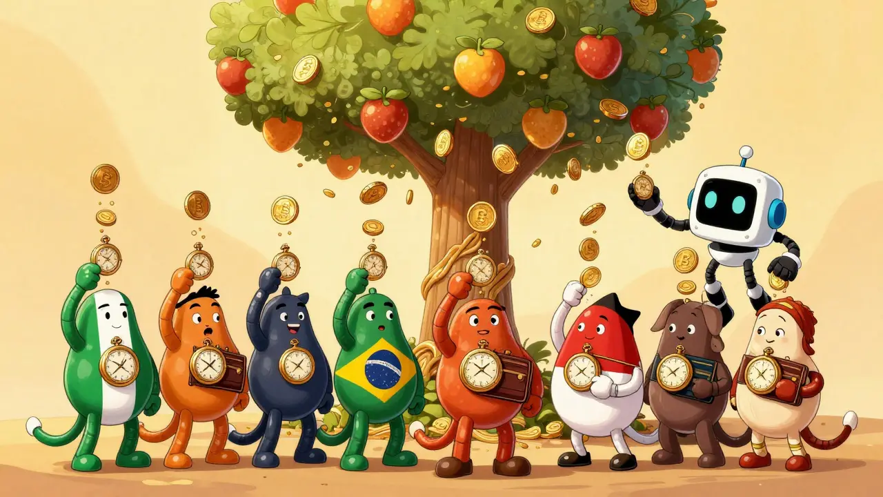 People from around the world receive AVGOon tokens from a magical dividend tree powered by a cartoon robot.