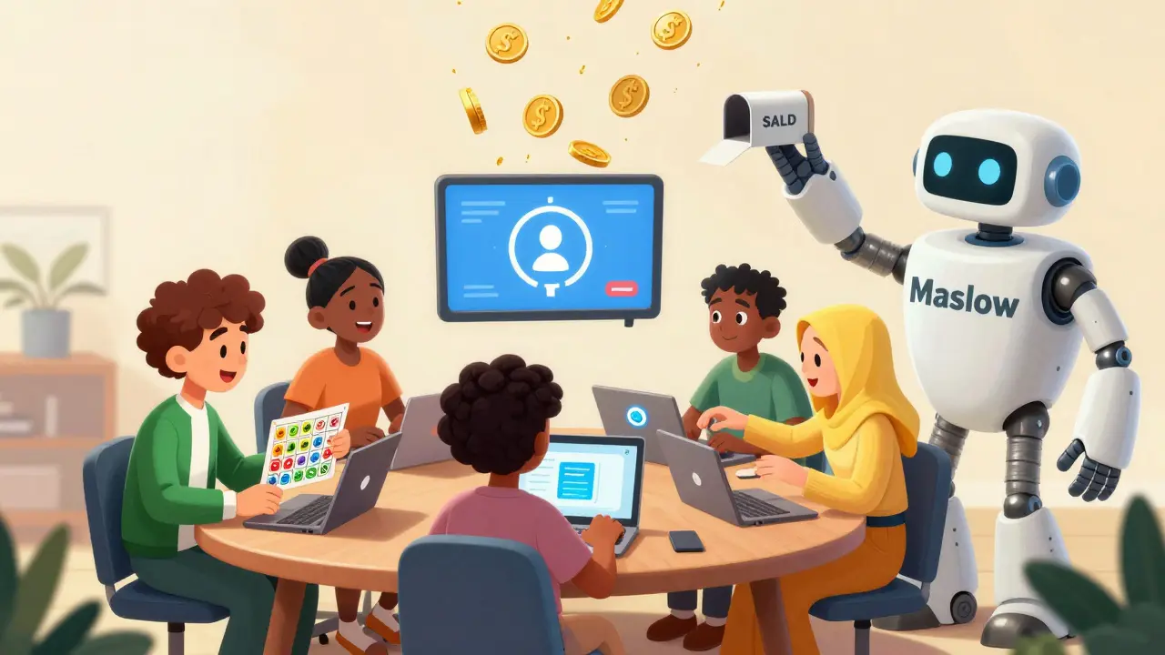 People from different countries using Salad's three platforms — play, learn, and work — with SALD coins raining down.