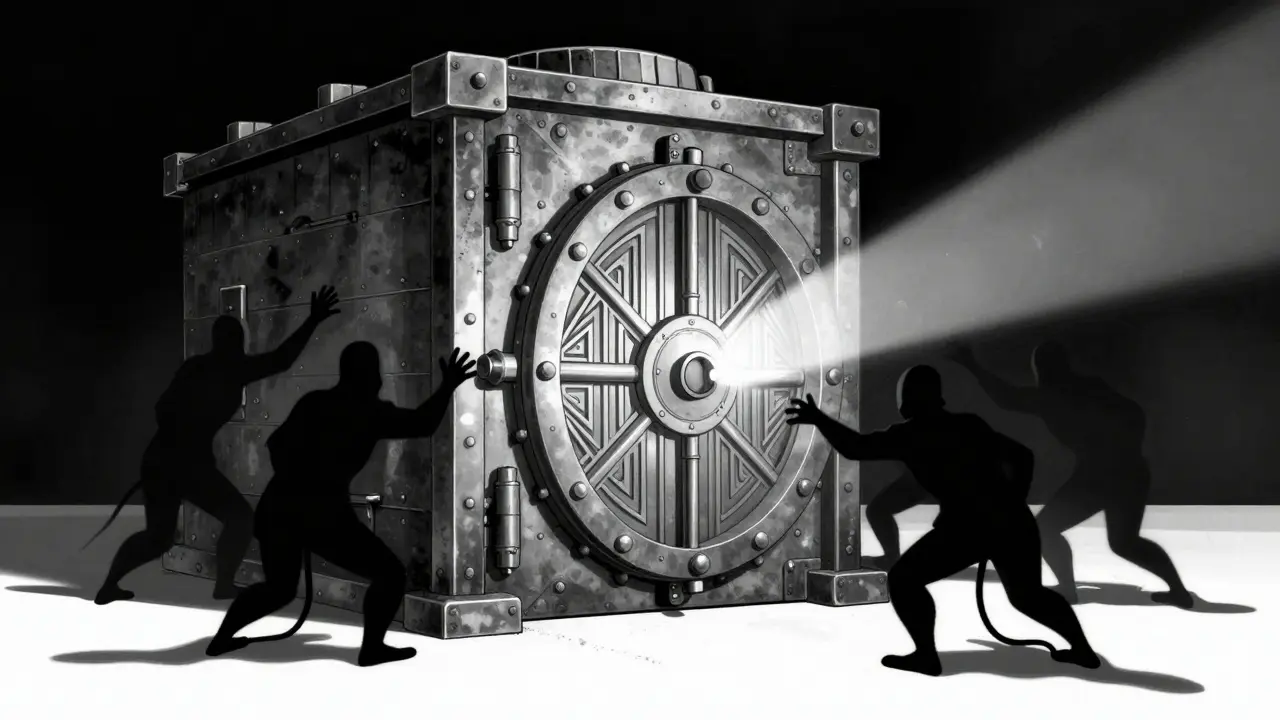 Secure iron vault safe surrounded by dark shadow figures