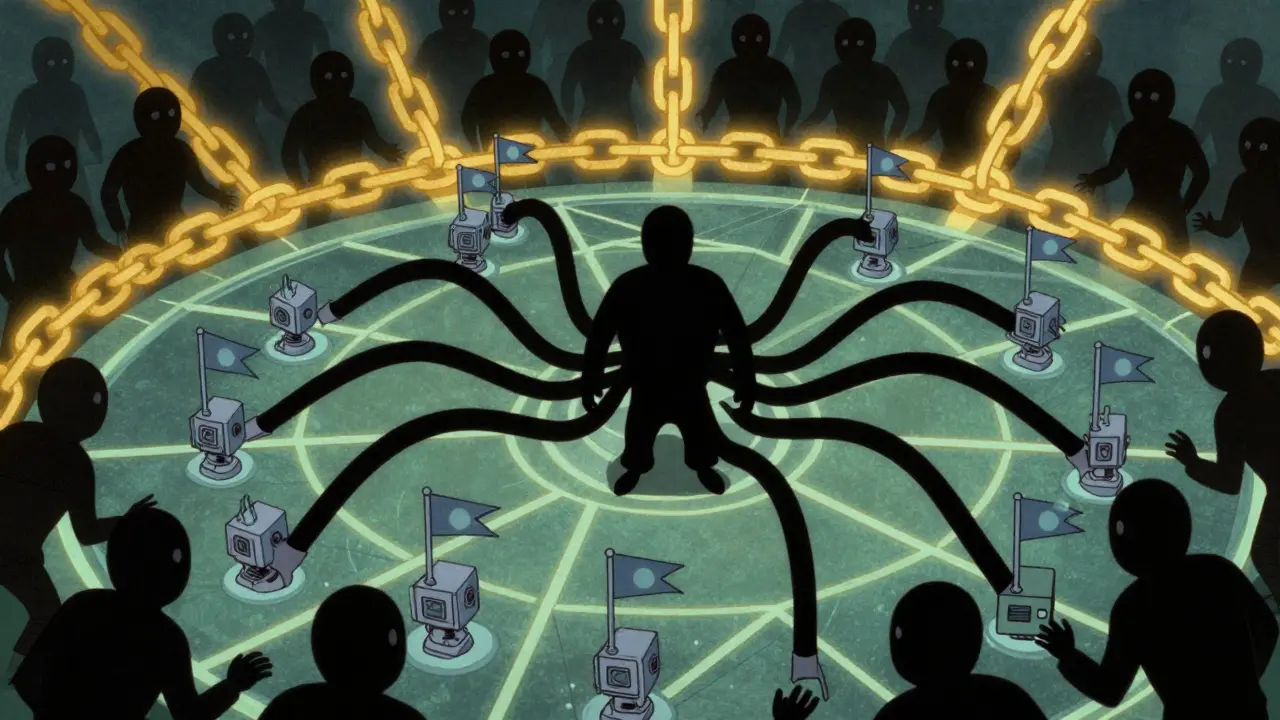 Shadowy figure flooding a grid with fake bot nodes cartoon.