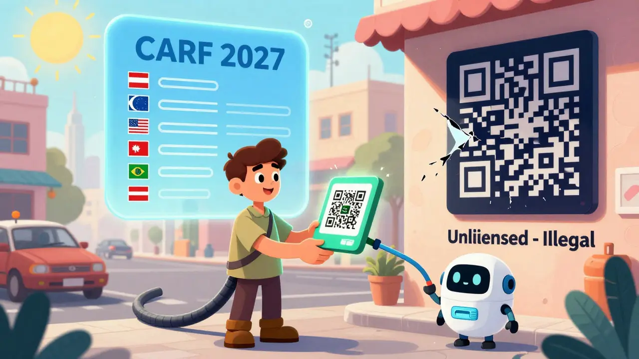 Shopkeeper accepting crypto via licensed processor while CARF data flows globally, in playful rubber hose cartoon style.