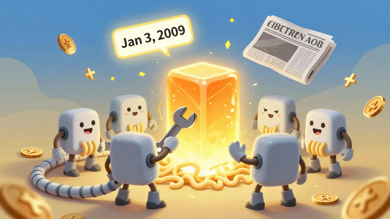 Smiling robot nodes try to alter a glowing, unchangeable genesis block while a newspaper headline floats nearby.