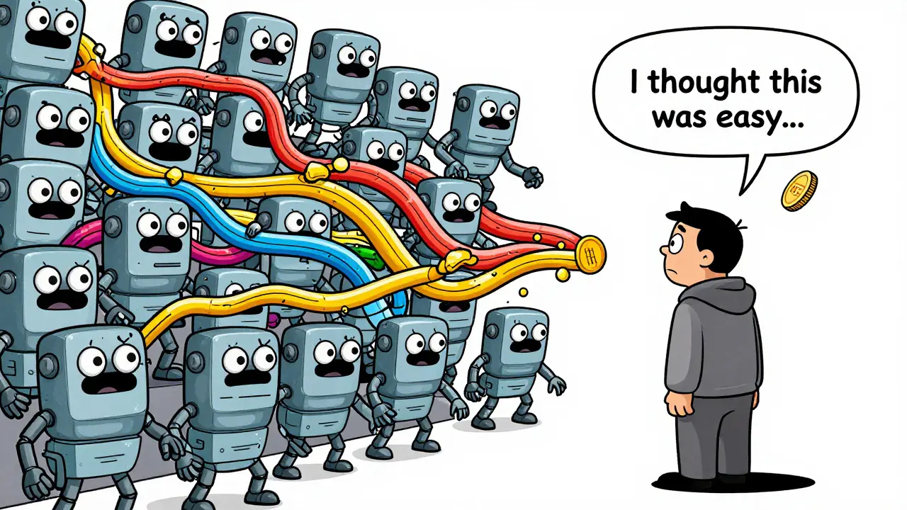 Thousands of cartoon bots rapidly adapt to each other’s trades in a chaotic swirl, while a confused human watches from the side.