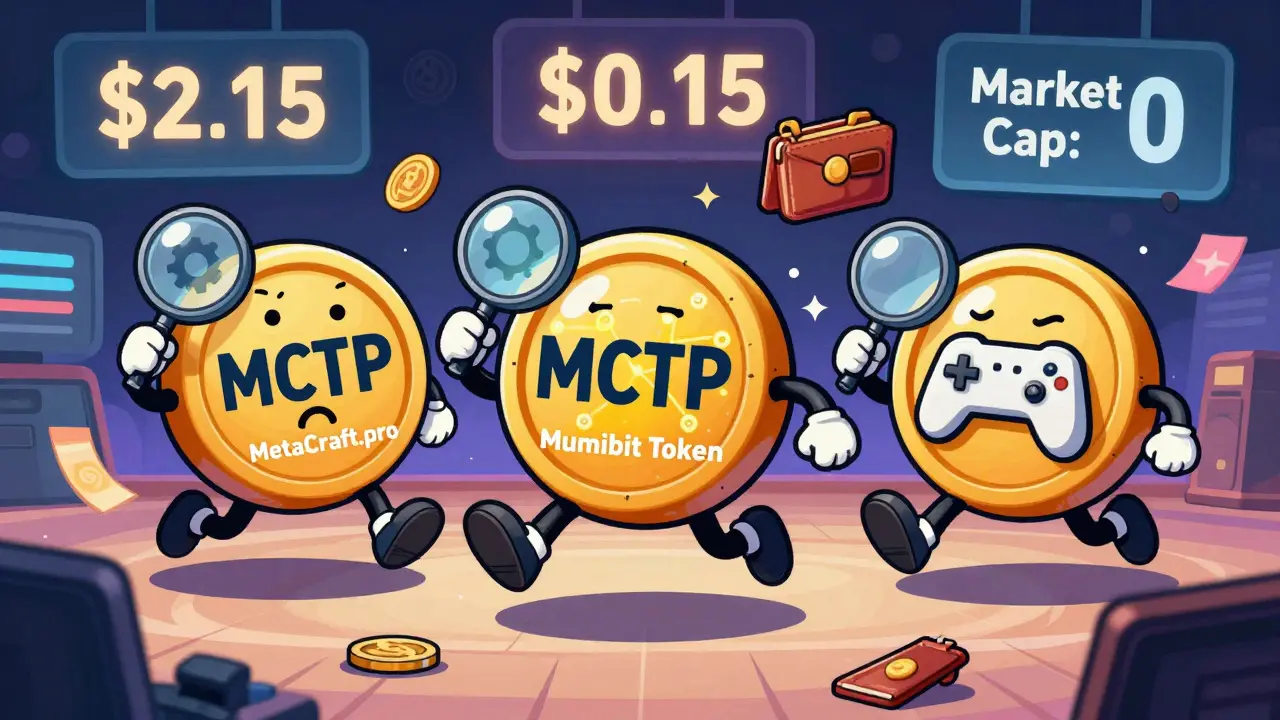 Three confusing MCTP tokens bounce around a chaotic crypto trading floor, each labeled differently with conflicting prices and symbols.