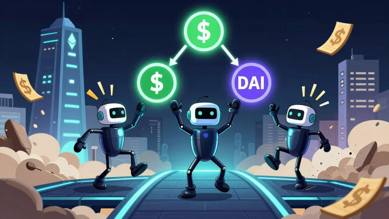 Three stretchy bots juggle ETH, USDC, and DAI in a triangular trade loop on a glowing Layer 2 bridge, with dollar signs popping up.