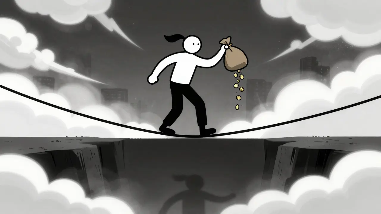 Tightrope walker losing coins into dark abyss cartoon