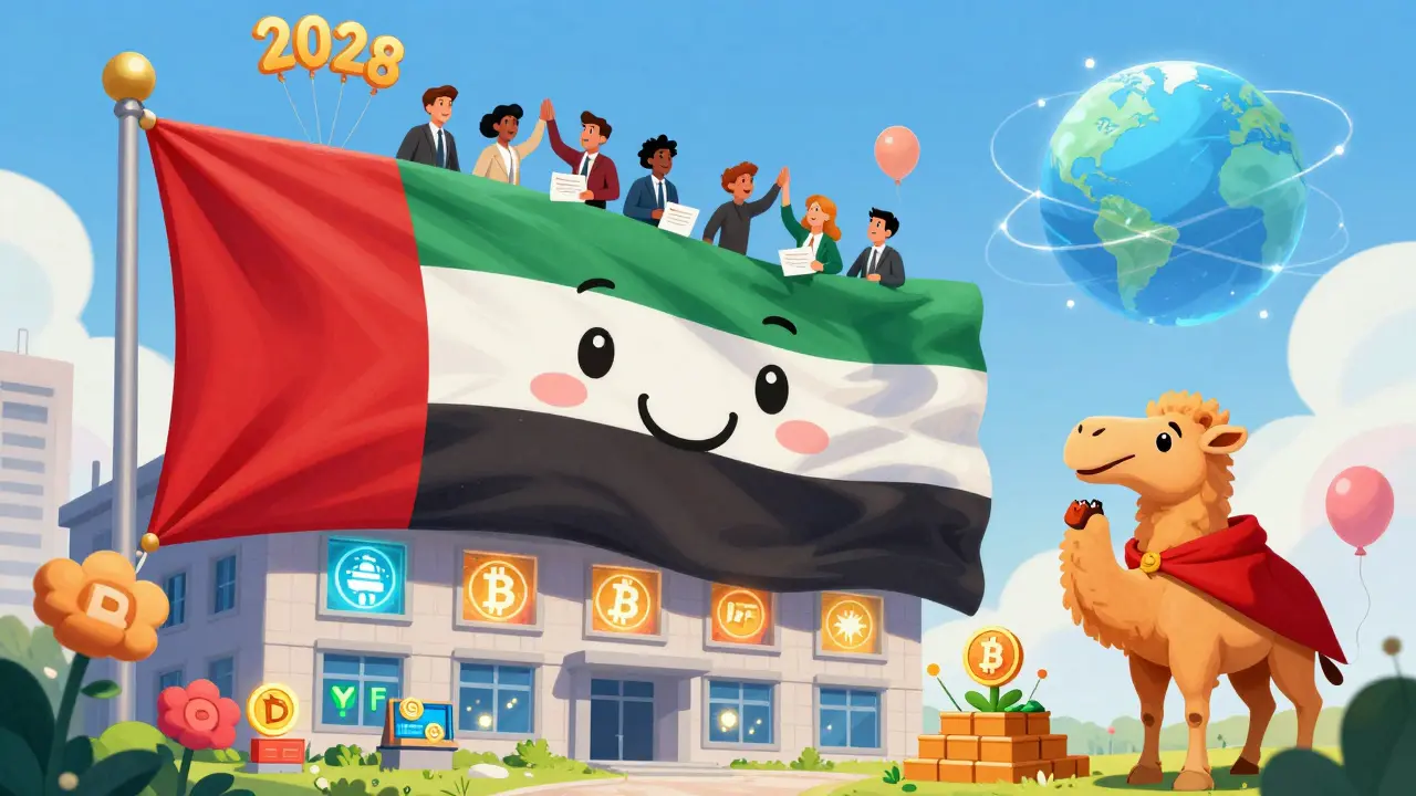 UAE flag building with crypto windows and global entrepreneurs receiving licenses, rendered in rubber hose cartoon style.