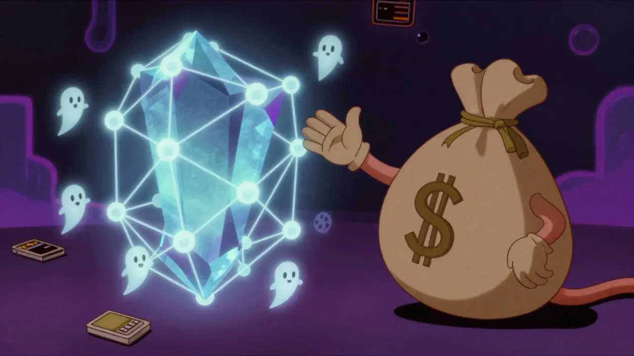 Whimsical money bag connects to glowing crystal network structure