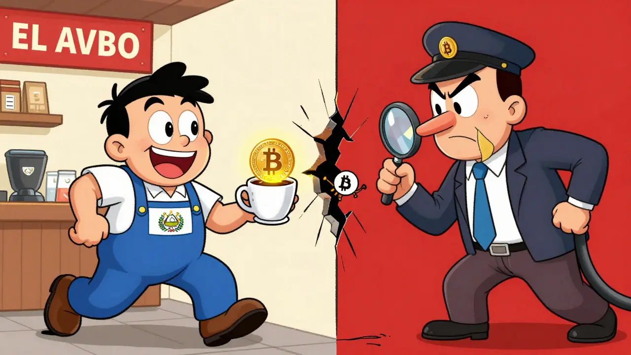 A cheerful merchant accepting Bitcoin versus a stern official chasing a digital coin.