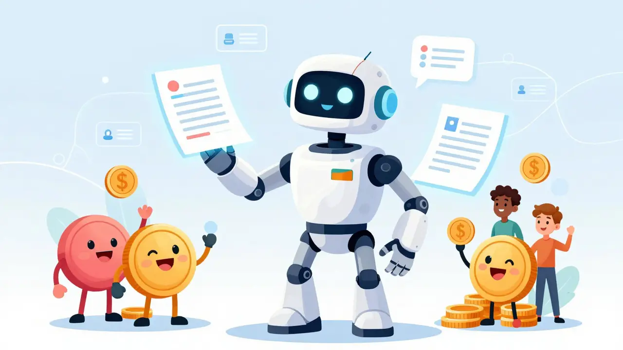 A friendly AI robot simplifying governance proposals for a group of cartoon coins.