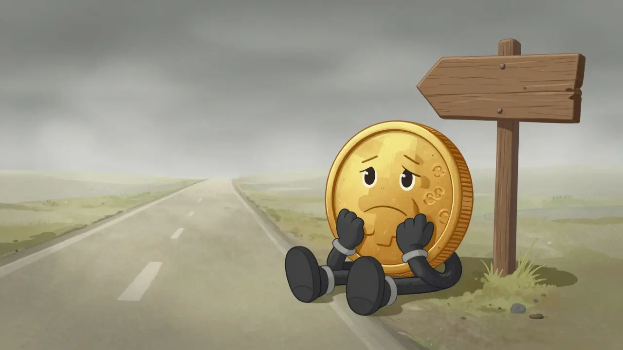 A lonely gold coin sitting by a blank signpost on a dusty road