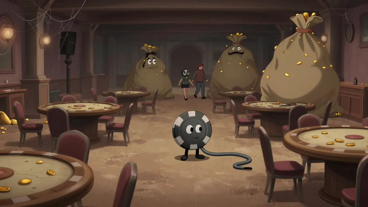 A lonely token character in a deserted digital casino ghost town, rubber hose style.