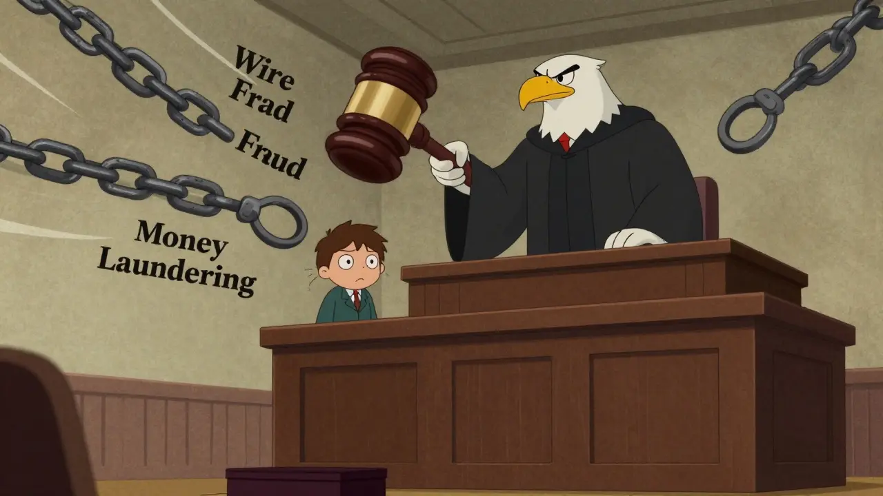A nervous cartoon character being judged by a giant eagle judge in a courtroom.