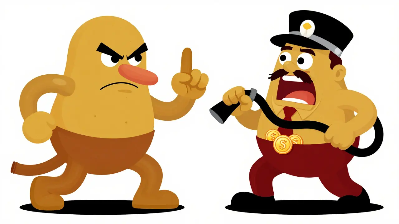 A person caught between a banning central bank and a tax collector in a 1930s cartoon style.