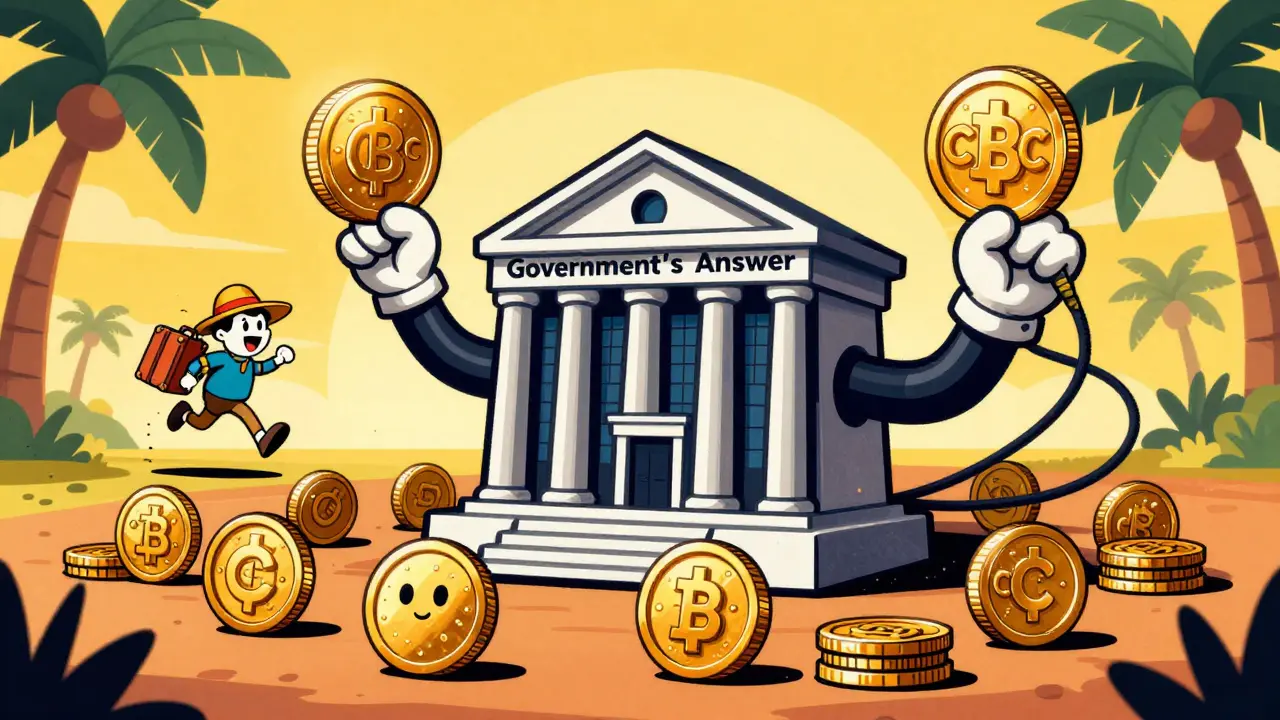 A personified central bank controlling a CBDC coin while a nomad heads to a tax haven.