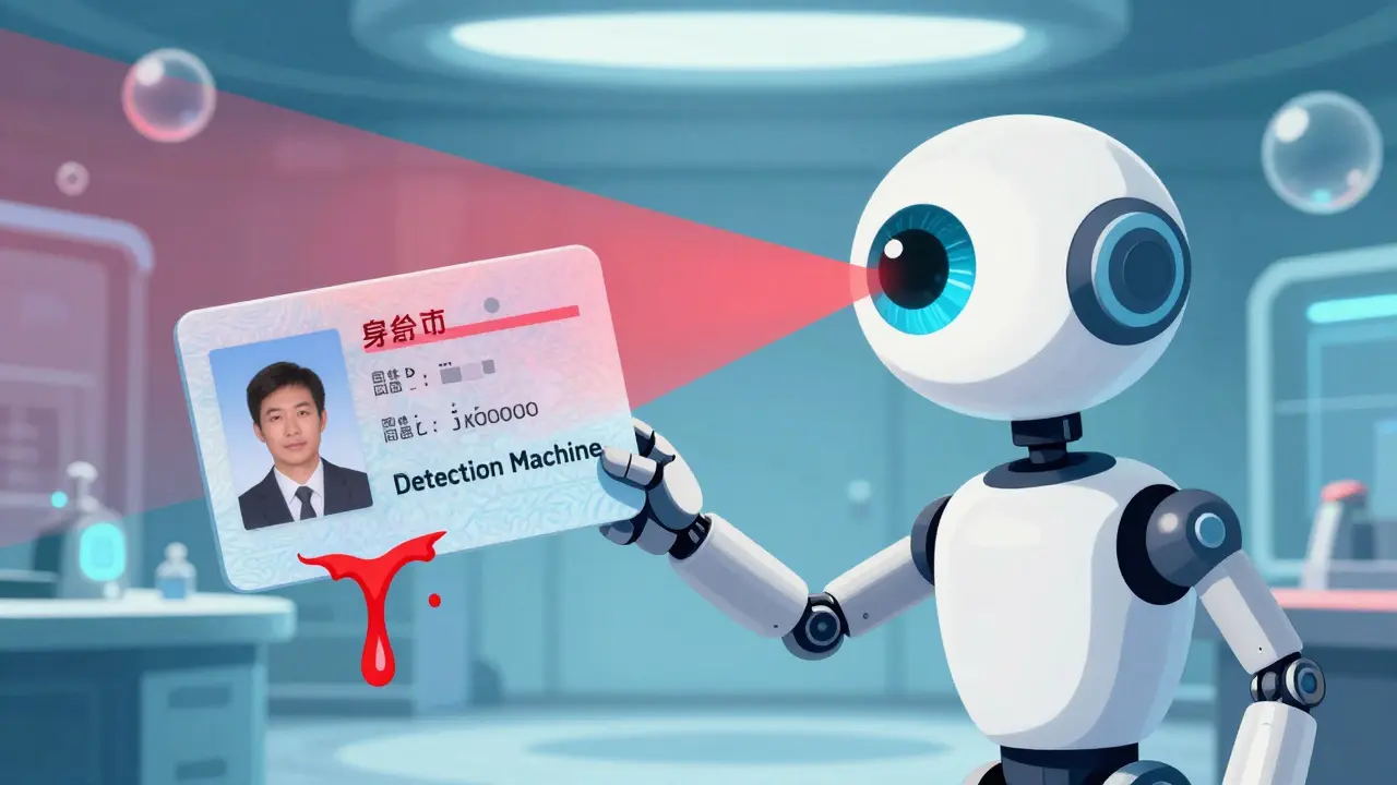 A rubber-hose style robotic eye scanning and detecting a forged identification card.