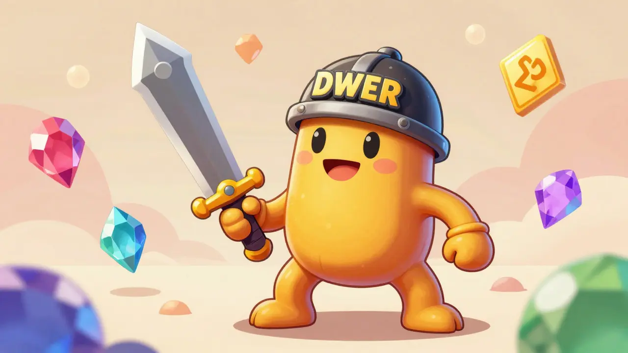 A stretchy DWER warrior character with a giant sword and floating gems