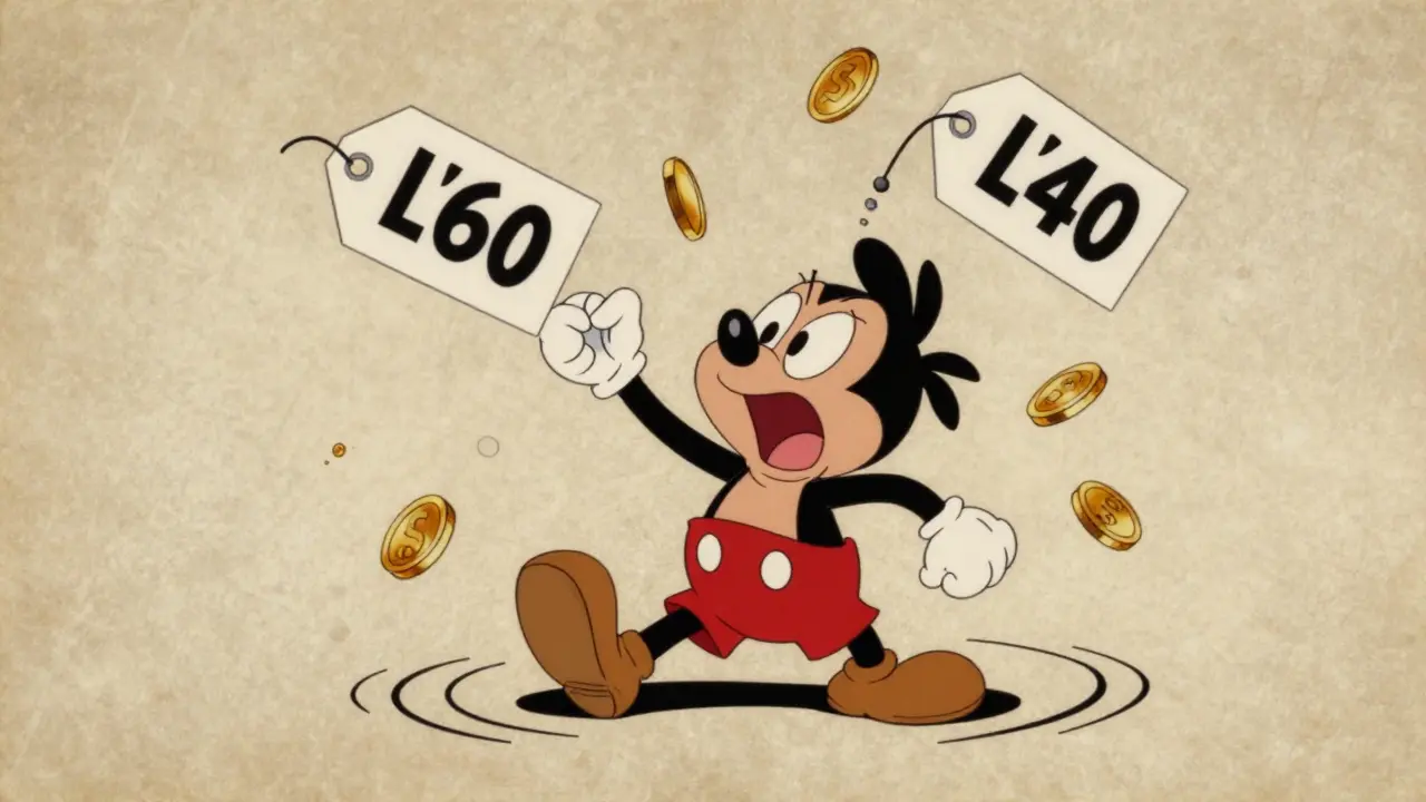 A surprised cartoon character looking at conflicting price tags