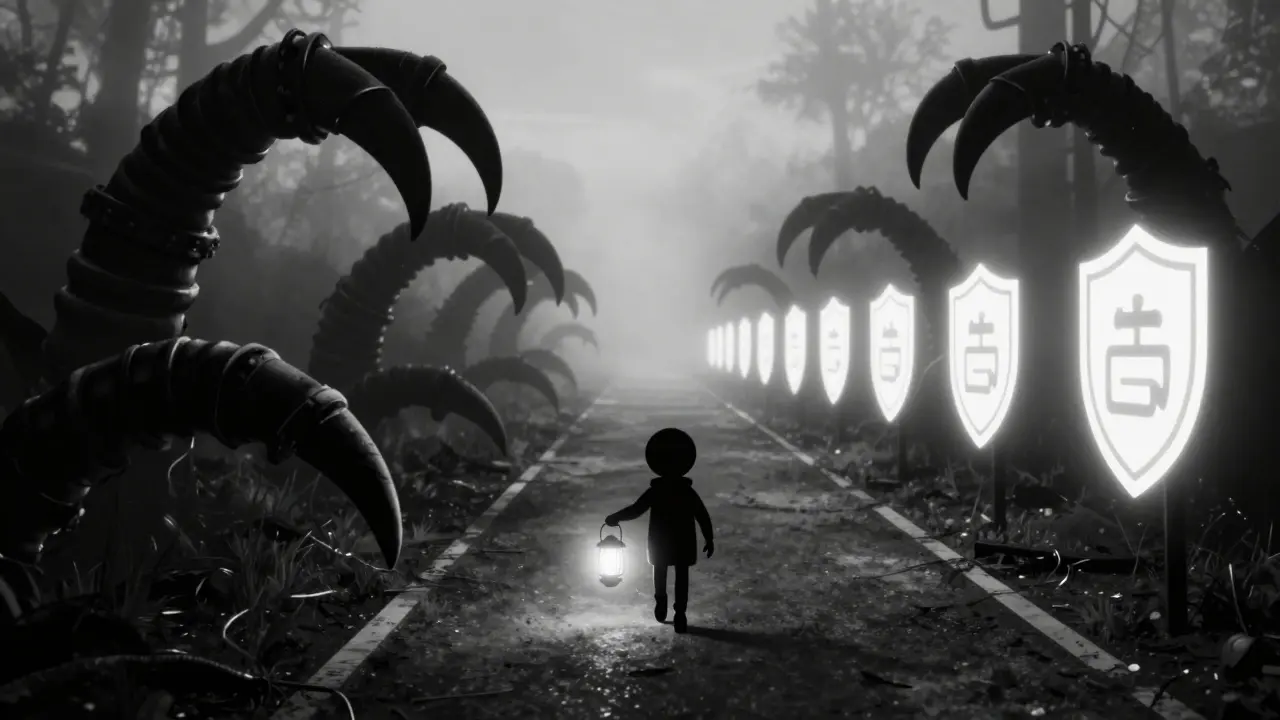 A traveler walking a winding road surrounded by protective shields and dark threats