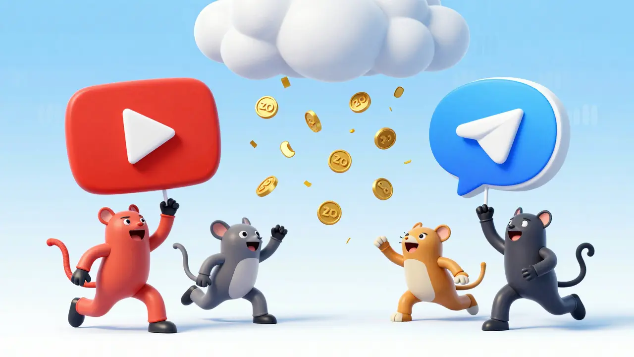 Animated animals collecting floating ZOO tokens near social media icons