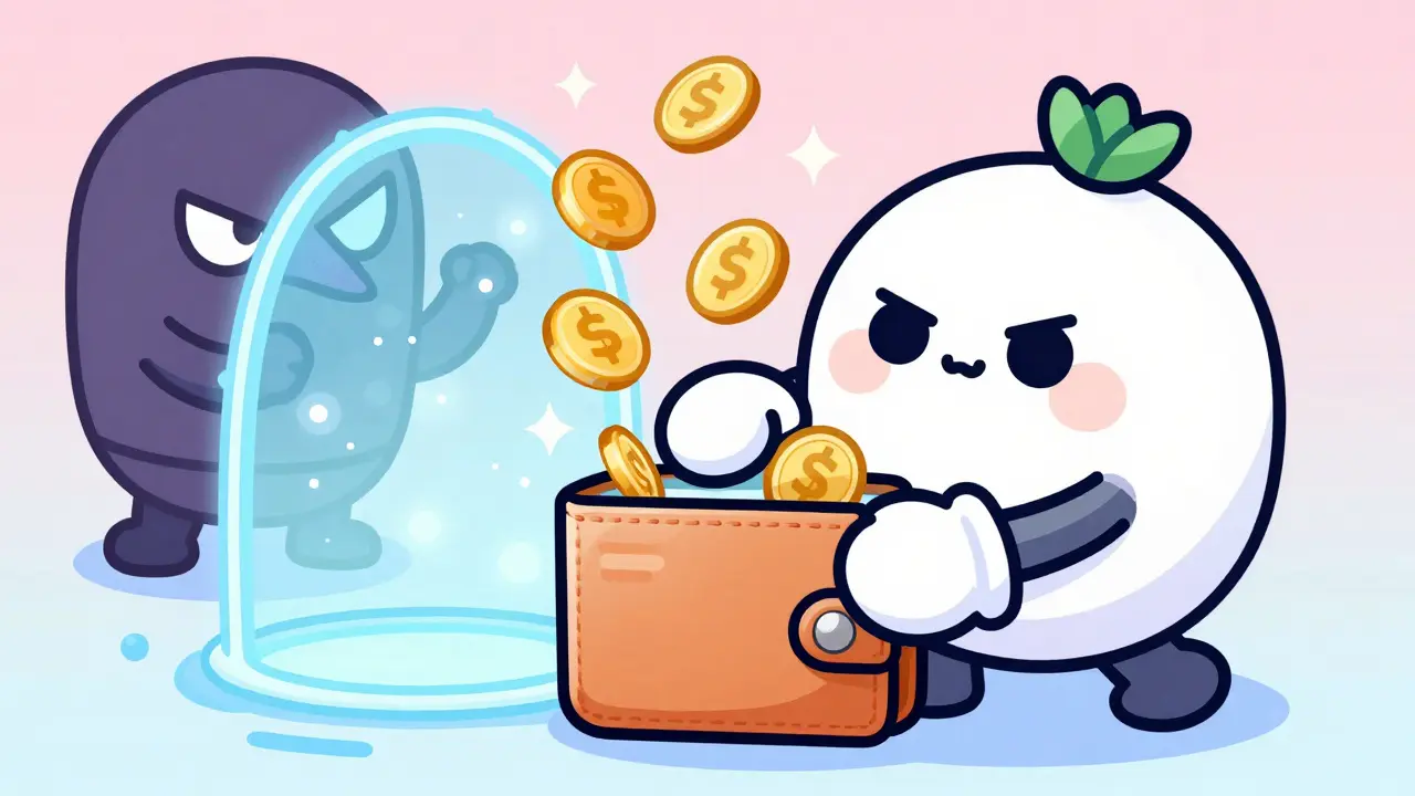 Anthropomorphic digital wallet collecting falling airdrop coins in vintage cartoon style