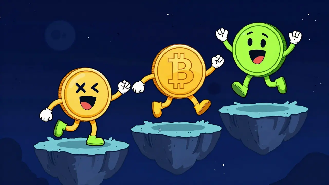 Anthropomorphic XRP, Bitcoin, and project token coins leaping across floating islands in space.
